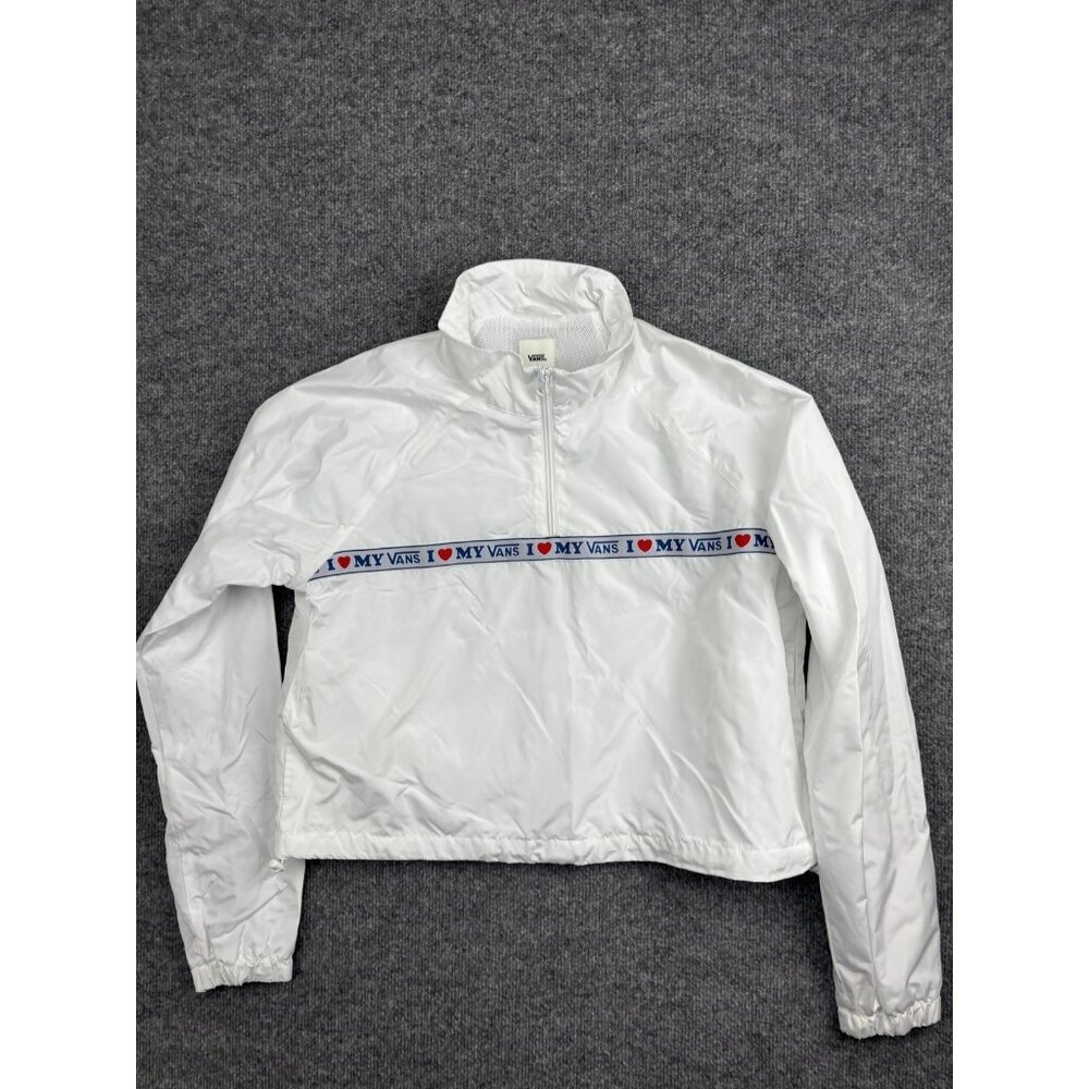 Vans Jacket Womens Medium White‎ Half Zip Windbreaker Cropped I Love My Vans
